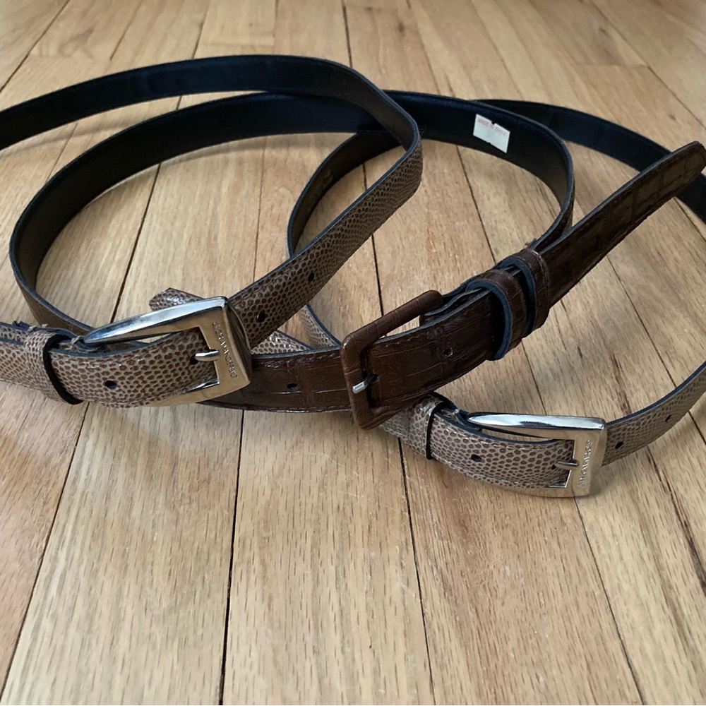 3 Belts Size 10 Vegan Leather. Mock croc and faux snakeskin. Brown, and Tan.